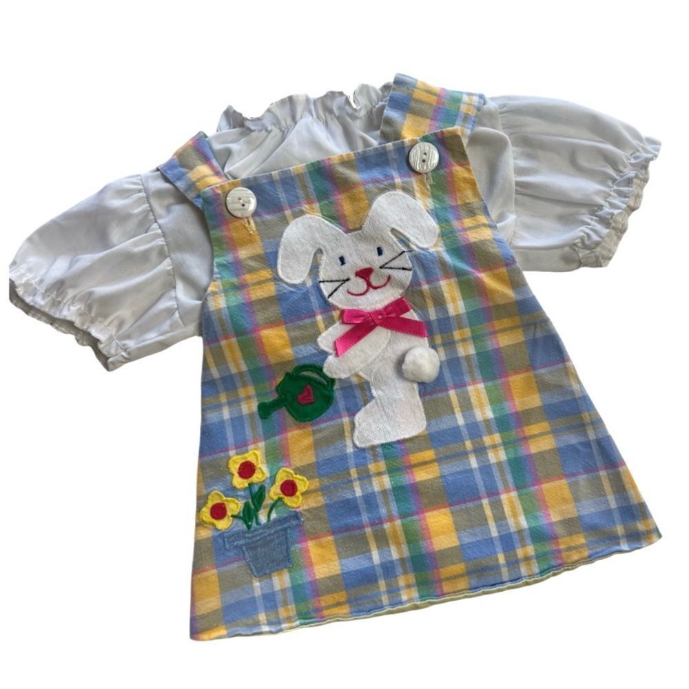 Vintage 1986 Bunny Embroidered Pastel Plaid Pinafore Overalls Cotton Apron Dress